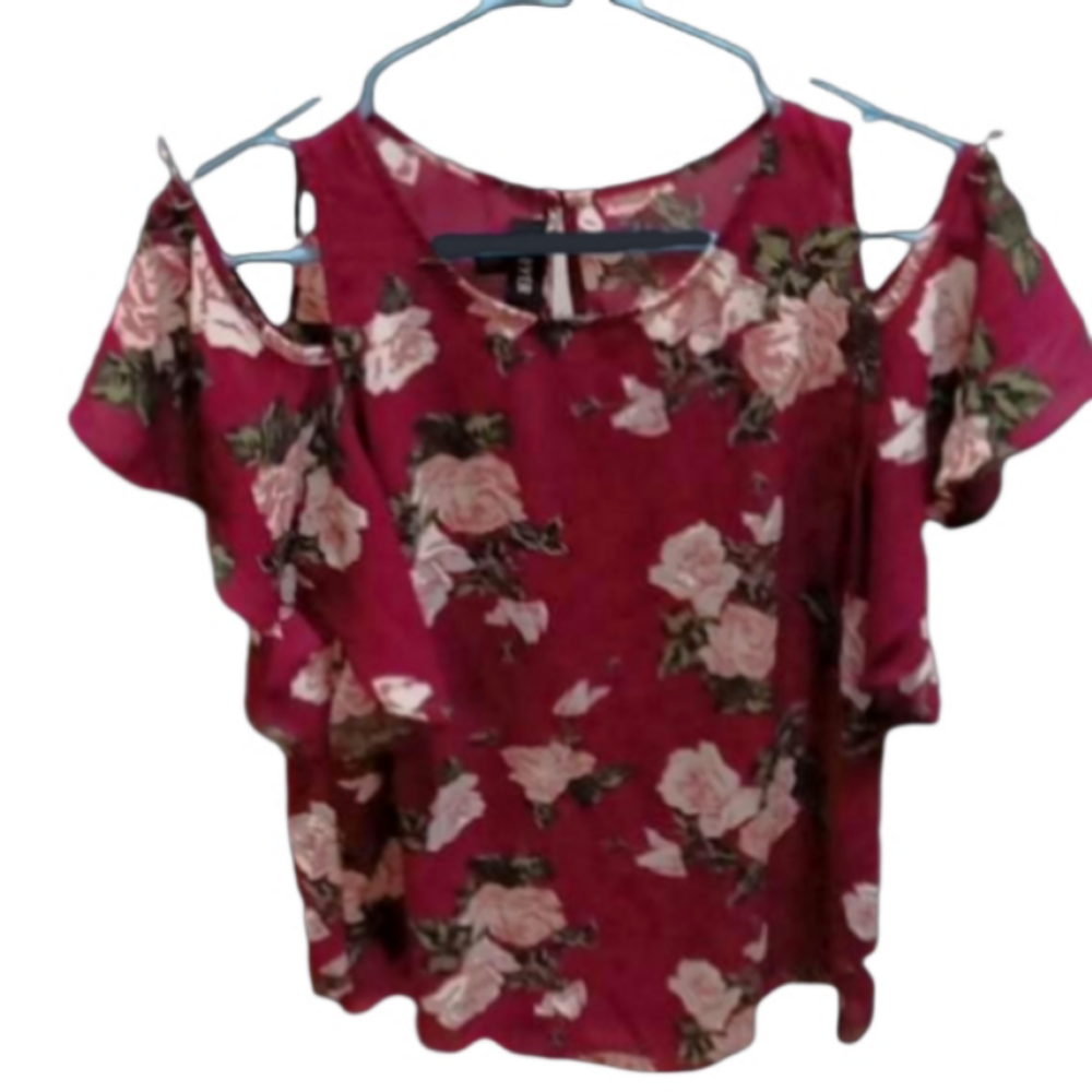 (112)  A. Byer, floral summer top with peek a boo shoulders